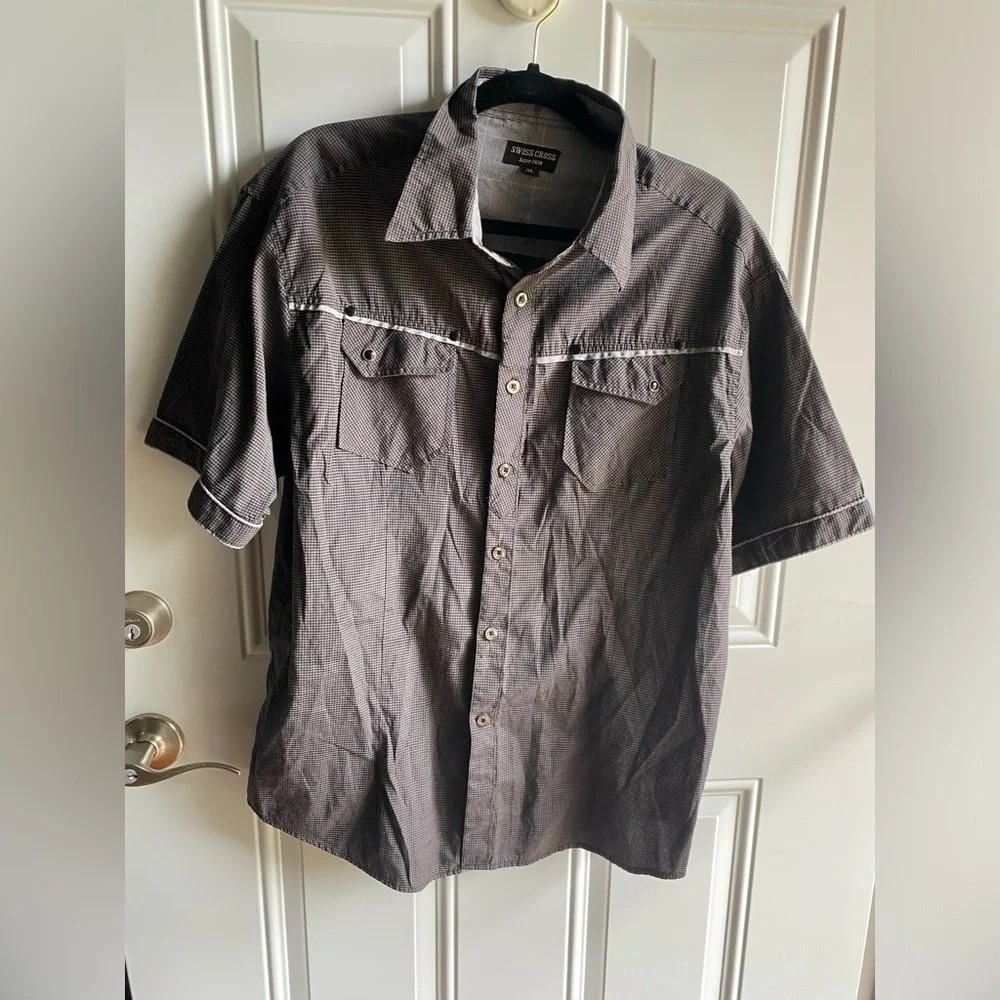 Swiss Cross Men Button Up Short Sleeve Shirt Gray W/White Checked Pattern XL - Picture 2 of 7